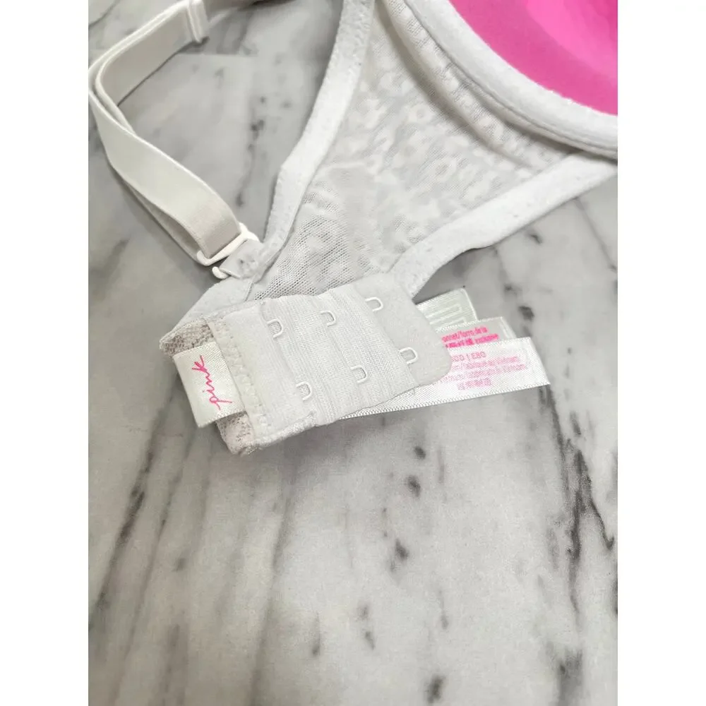 PINK Victoria’s Secret 36DD Bra White Lace Leopard Hot Print  Pink Lining